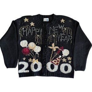 Vintage Y2K Happy New Year Cardigan Sweater Size Large 2000 NYE Party Beaded